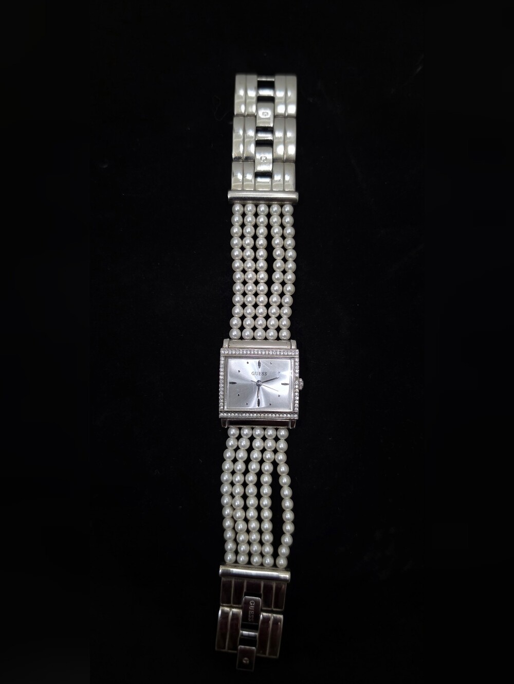 GUESS Silver Watch with White Pearl Multi-Strand Bracelet